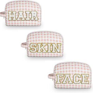3pc Checker Makeup Cosmetic Bag Preppy Patch Travel Pouch for Women Chenille Let